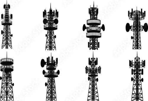 Cellular communication tower silhouette set featuring wireless antennas and transmission equipment for mobile networks, broadcasting systems, and modern telecommunication infrastructure design