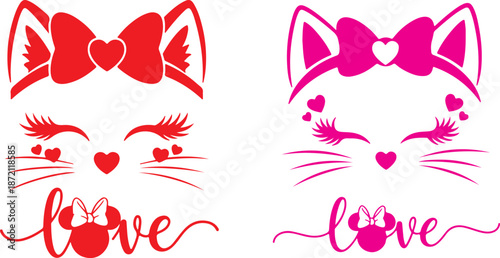 Cute cartoon cat head silhouettes featuring bows whiskers and hearts with stylish cursive love text designs on transparent background