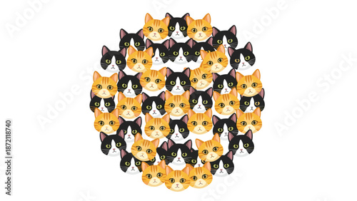 Cat faces (black and orange/ginger) are tightly packed in a circular arrangement, forming a dense and whimsical pattern for pet designs.