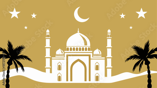 Serene mosque silhouette under moonlit sky Vector, illustration