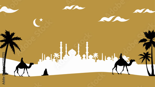 Silhouettes of camels and mosque in desert landscape Vector, illustration