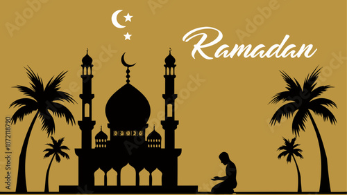 Celebrating ramadan with a mosque and palm trees Vector, illustration