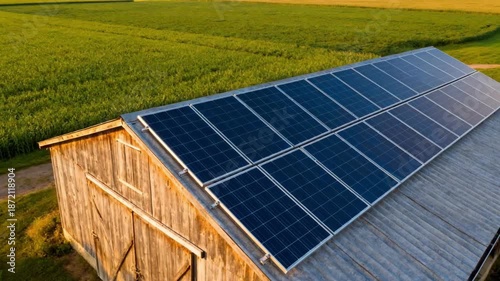 Medium shot of solar panels installed on a farm shed roof highlighting renewable energy use in agricultural settings amidst green fields.