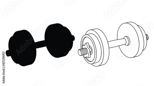 Exploded view of a dumbbell with a contrasting black silhouette