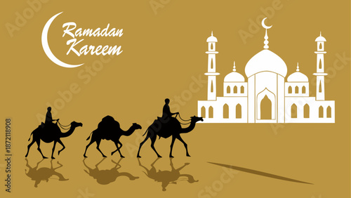 Ramadan kareem celebration with camels and mosque Vector, illustration
