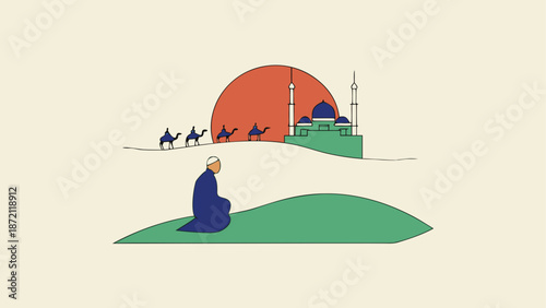 Person praying near a mosque with camels in the distance Vector, illustration
