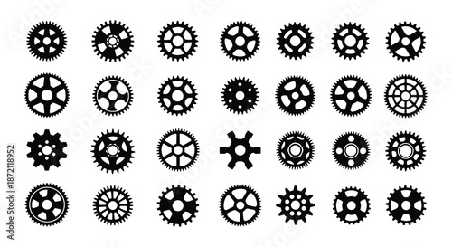 Collection of various black and white mechanical gears and cogs illustration
