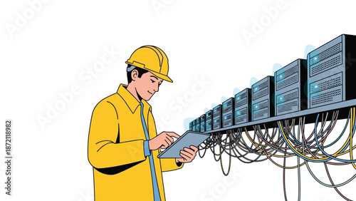 A male engineer in a yellow hard hat inspects server racks with cables, using a tablet, for IT infrastructure and network management tasks.
