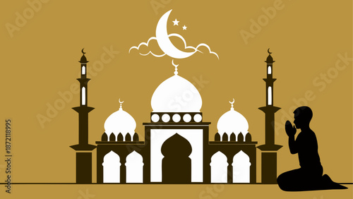 Prayer in the mosque under the crescent moon Vector, illustration