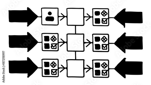 A flowchart illustrating a process with multiple stages and directional arrows