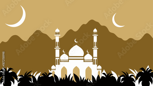 Serene mosque under crescent moons Vector, illustration