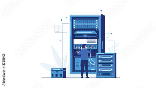 An IT specialist in a blue shirt connects cables to a server rack, symbolizing data management, network infrastructure, and essential IT services.