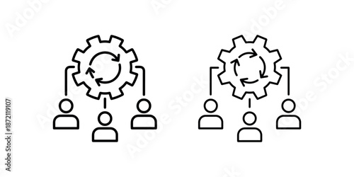 Business team workflow management icon set with gear and people icons for project control
