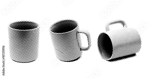 Halftone art of coffee mugs in various orientations