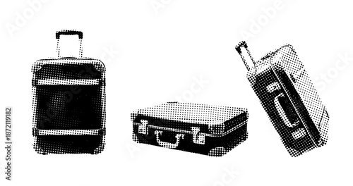 Set of vintage style black and white suitcases in various positions