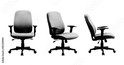 Three angles of a black and white office swivel chair with armrests