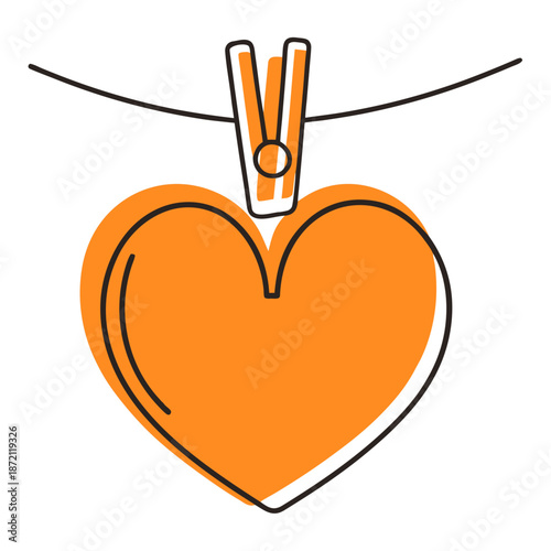 Heart hanging on a clothespin against white background for Valentine's Day  