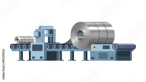 An industrial conveyor belt system transports metal sheet or foil rolls through a manufacturing process, symbolizing efficient industrial production.