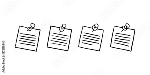 Push pin paper note icons on white background for office and reminder message graphic set