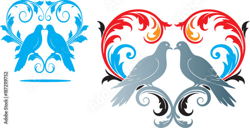 Elegant vector graphic featuring two kissing doves perched intimately within ornate swirling heart and scrollwork designs on transparent background. on transparent background