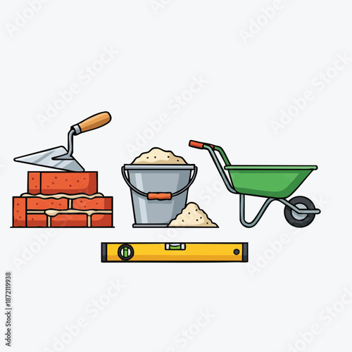 Construction Tools Trowel Bricks Bucket of Sand Wheelbarrow Level.