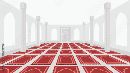 Serene perspective view of a mosque interior with many red prayer rugs neatly arranged on the floor, ready for worshippers.