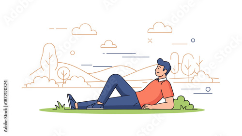 Young caucasian male relaxing outdoors in nature illustration
