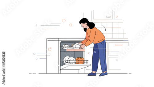 Asian female adult loading dishwasher in modern kitchen