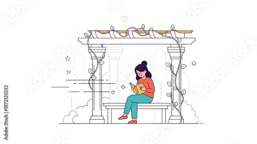 Young caucasian female reading book on bench under pergola surrounded by nature