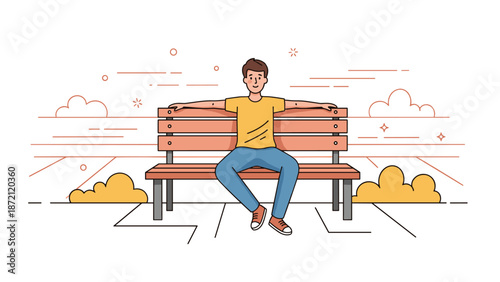 Young caucasian male relaxing on park bench in casual outfit