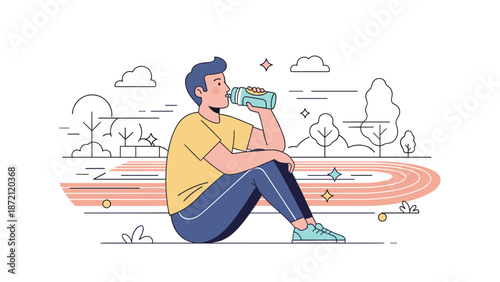 Young caucasian male resting and drinking water after running in park