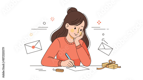 Young caucasian female writing a letter with gift boxes and envelopes