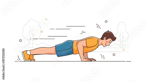 Young caucasian male performing push-up in outdoor setting with determination