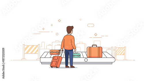 Male traveler at airport baggage carousel waiting for luggage