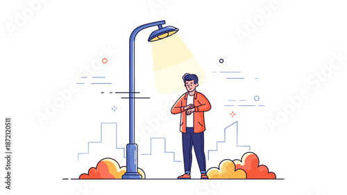 Young caucasian male checking watch under streetlight in urban setting