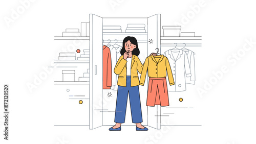 Young asian female choosing outfit from closet in minimalist room