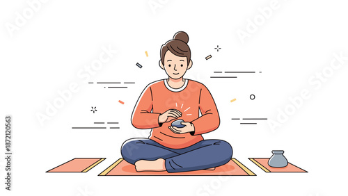 Young caucasian female practicing mindfulness and meditation at home