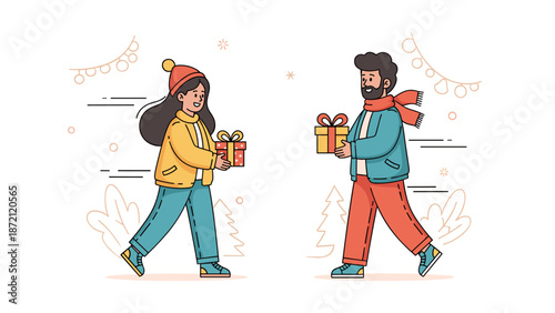Young asian female and male exchanging gift boxes in winter attire