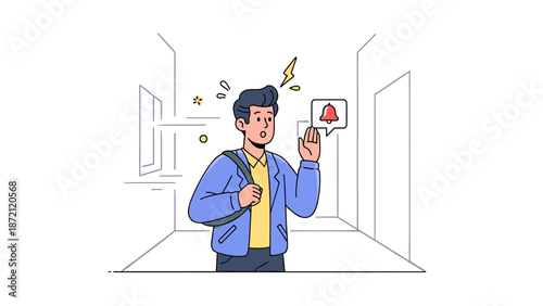 Young male cartoon character pressing alert button in hallway