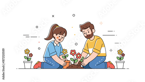 Caucasian male and female adults planting flowers together in garden