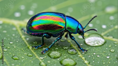 Macro shot of a vibrant iridescent beetle on a dewy green leaf.