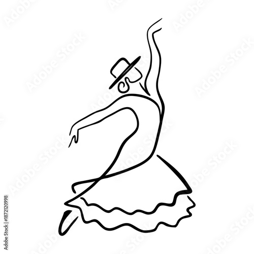 Baile típico español. Dibujo de trazo único de bailarina de flamenco con sombrero típico 
