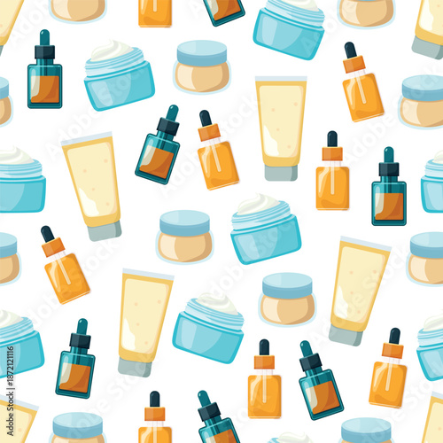 Skin cream seamless pattern. Flat vector clipart, illustration with isolated background.