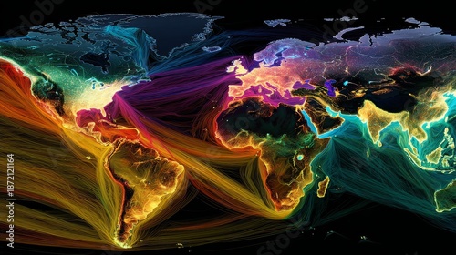 A vibrant global map showcases interconnectedness. Neon lines of light depict flows across continents. City lights glow