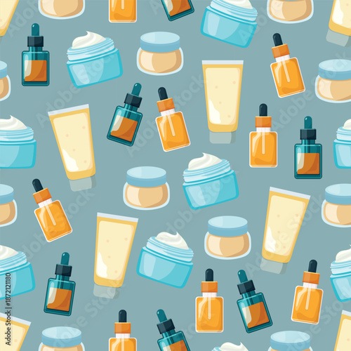 Skin cream seamless pattern. Flat vector clipart, illustration with isolated background.