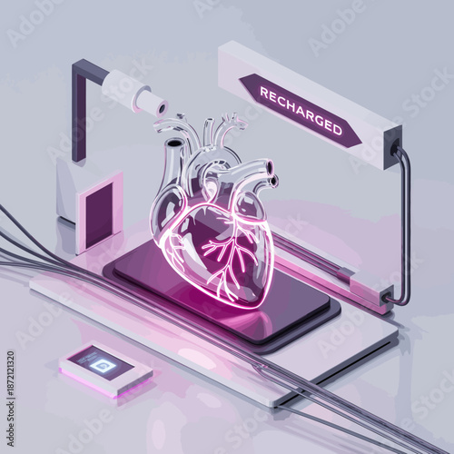 A futuristic 3d isometric laboratory scene with a glowing heart and recharging station