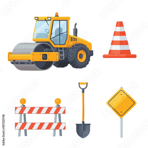roadwork construction equipment set.
