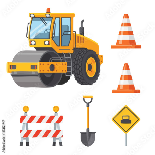 Yellow Steamroller Traffic Cones Road Barrier  Shovel - Construction Scene.
