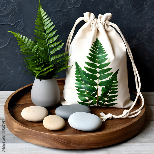 Eco Friendly Canvas Drawstring Bag With Fern Leaves, Natural Stones and Minimal Botanical Still Life,  Sustainable Fabric Bag With Green Fern Plant and Pebbles, Zero Waste and Eco Lifestyle Concept