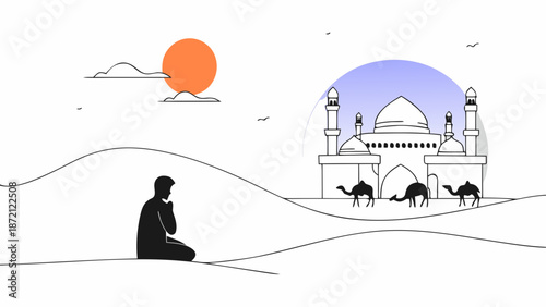 Desert scene with mosque and person in prayer isolated on white background isolated on white background, Vector